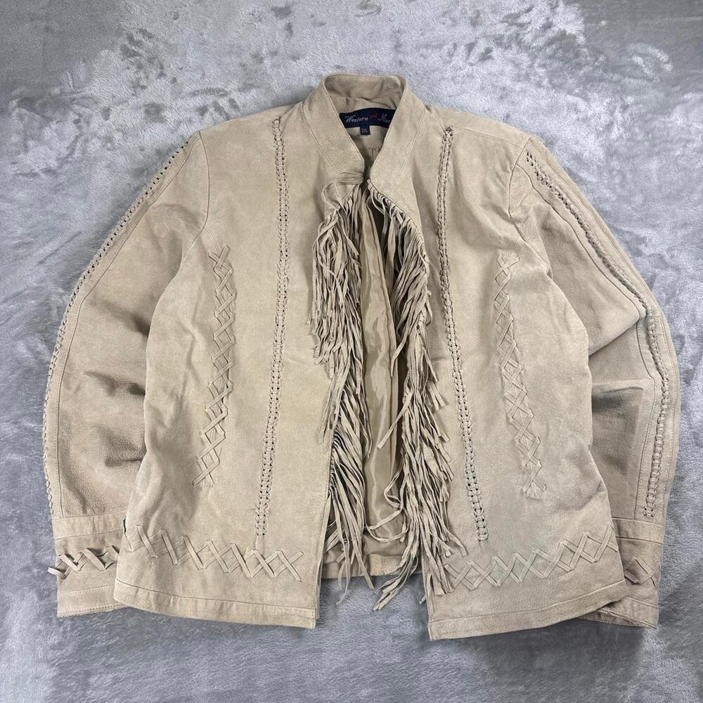 Western Max Leather Fringe Jacket Women 2XL Beige Rodeo Cowgirl Western